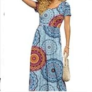 DB Moon Blue Colorful Mandala Boho Flowy Soft Knit Maxi Dress M